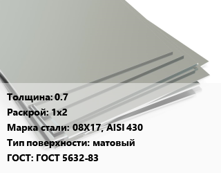 Лист нержавеющий 0.7 1х2 Сталь: 08Х17, AISI 430 Тип:матовый ГОСТ 5632-83, х/к цена от 107286 ₼ / т, где купить, условия доставки в Баку и Бакинская области